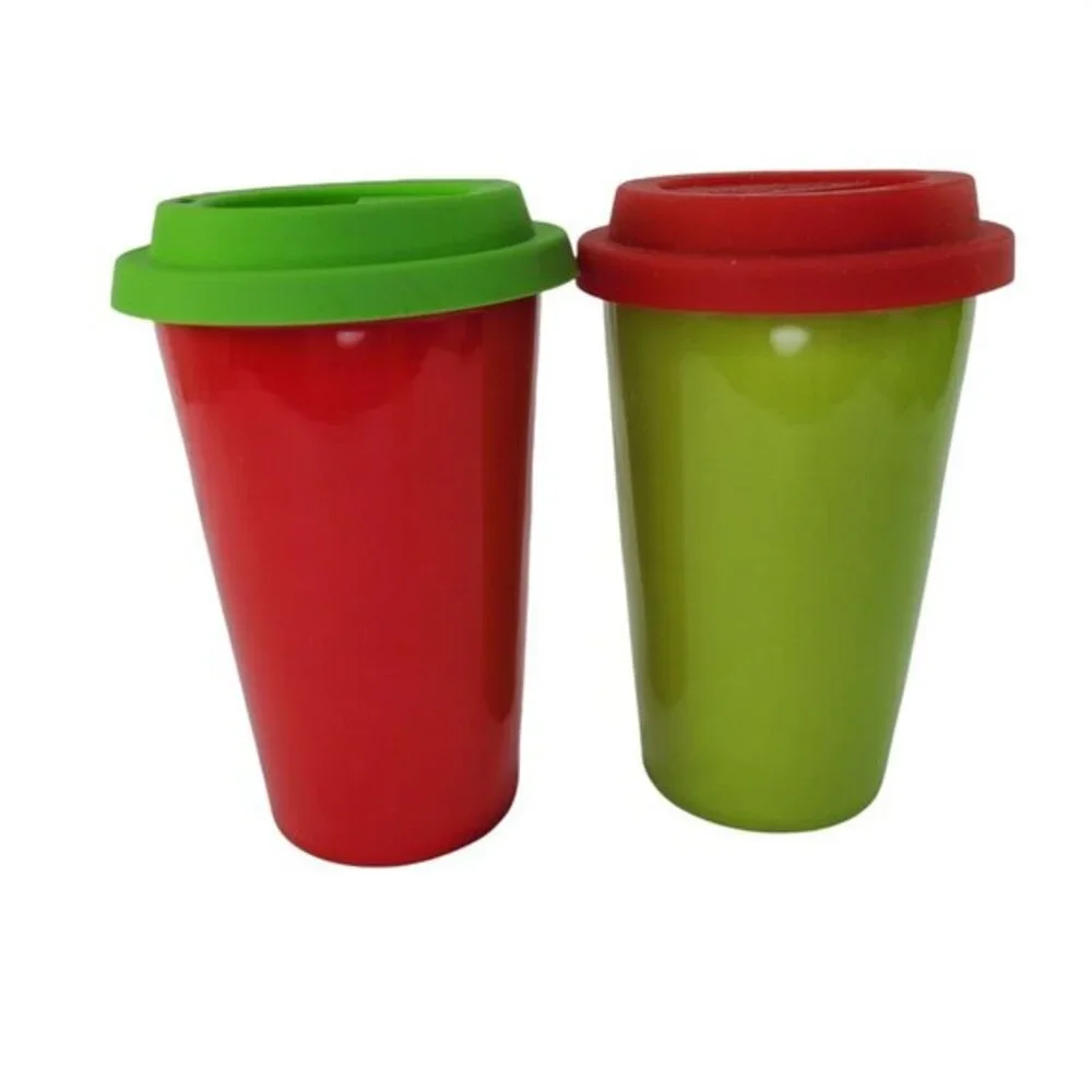 Christmas Saying Travel Mugs Tumbler Set‎ 2 Ceramic Silicone Lid Coffee Tea New